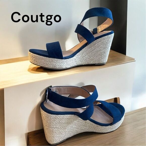 COUTGO Women's Navy Blue Espadrille Wedge Sandals Anke Strap Buckle - Picture 3 of 9